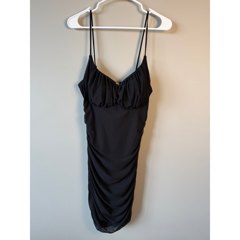 Love J Black Mesh Ruched Bodycon Mini Dress Spaghetti Strap Sweetheart Neck L